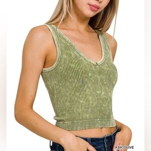 Zenana Washed Ribbed Cropped Tank Top With 2-Way Neckline size l/xl ash olive